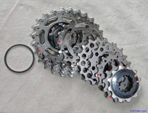 Shimano 10 spd Ultegra road bike cassette which has seven individual sprockets and the three larger ones on an aluminium spline.